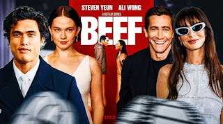 Charles Melton, Cailee Spaeny, Jake Gyllenhal, and Anne Hathaway with the original Beef poster behind them.
