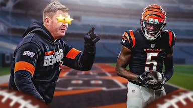 Bengals coach Zac Taylor with stars in his eyes looking at Tee Higgins.