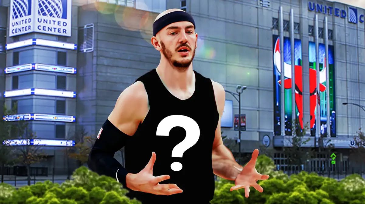 Alex Caruso wearing a mystery jersey in front of the United Center