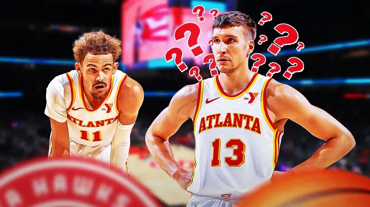Hawks player Bogdan Bogdanovic with Trae Young looking and questions marks around.