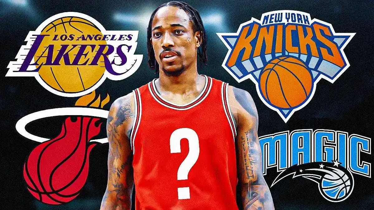 Bulls' DeMar DeRozan in a blank jersey with a question mark on it surrounded by logos of the Knicks, Magic, Heat, Lakers