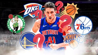 Mike Muscala with question marks and logos of Warriors, Celtics, Thunder, Suns, 76ers, and Knicks around him.