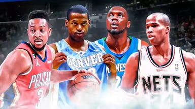 CJ McCollum (Trail Blazers), Marcus Camby (Nuggets), Al Jefferson (Timberwolves), Richard Jefferson (Nets), all together. At the bottom of the graphic is the All-Star Game logo with the red no symbol around it
