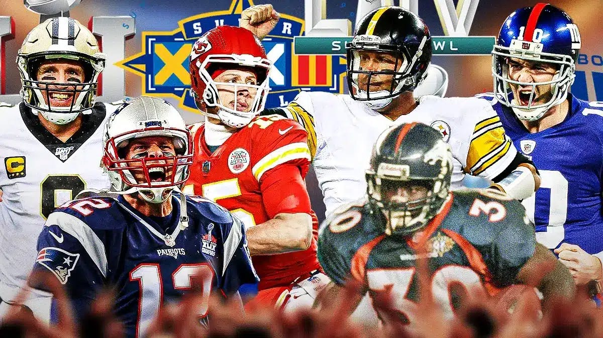 In the background is the logos of Super Bowl LI, XXXII, XLIV, LIV, XLVI, XLIII. In front of them are Tom Brady (Patriots), Terrell Davis (Broncos), Drew Brees (Saints), Patrick Mahomes (Chiefs), Eli Manning (Giants), Ben Roethlisberger (Steelers)