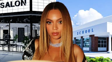 Beyoncé in the middle; Background: school and salon