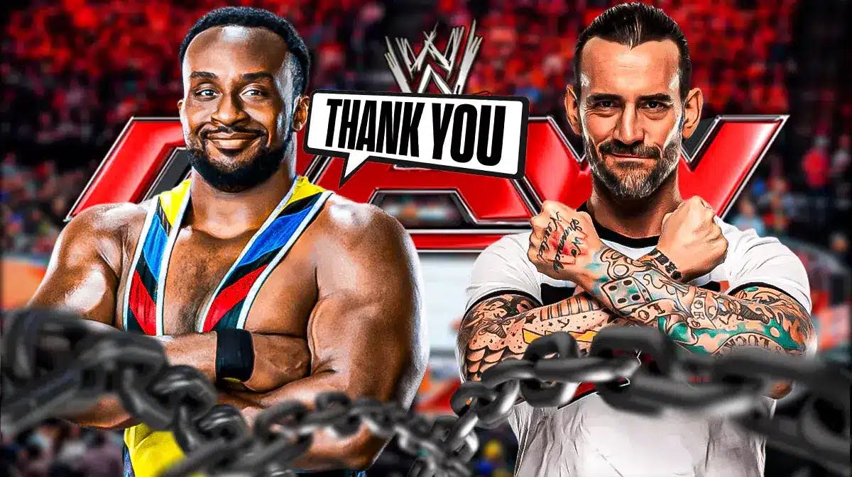 Big E with a text bubble reading “Thank you” next to CM Punk with the RAW logo as the background.