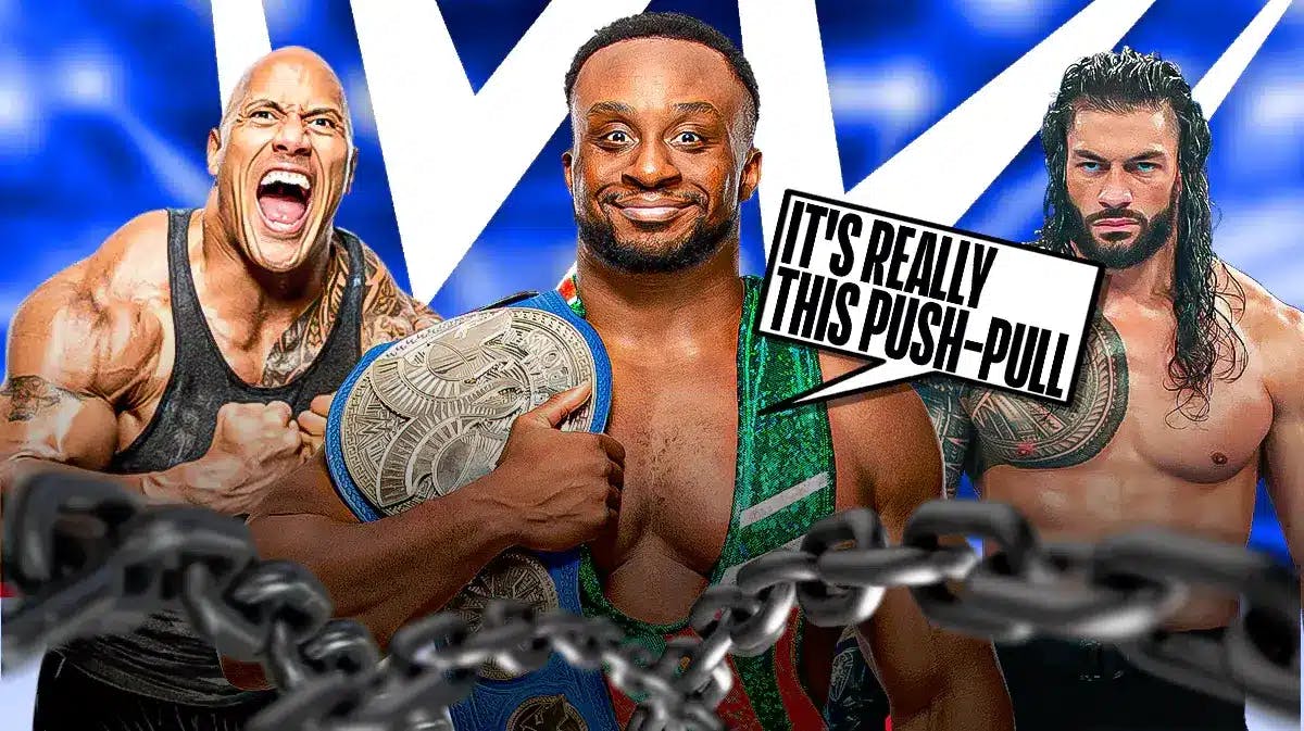 Big E with a text bubble reading “It's really this push-pull” with The Rock on his left and Roman Reigns on his right with the WWE logo as the background.