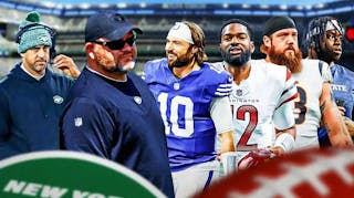 mage thumb: Joe Douglas front and center looking at Gardner Minshew, Jacoby Brissett, Jonah Williams and Olu Fashanu. Looking on is Aaron Rodgers