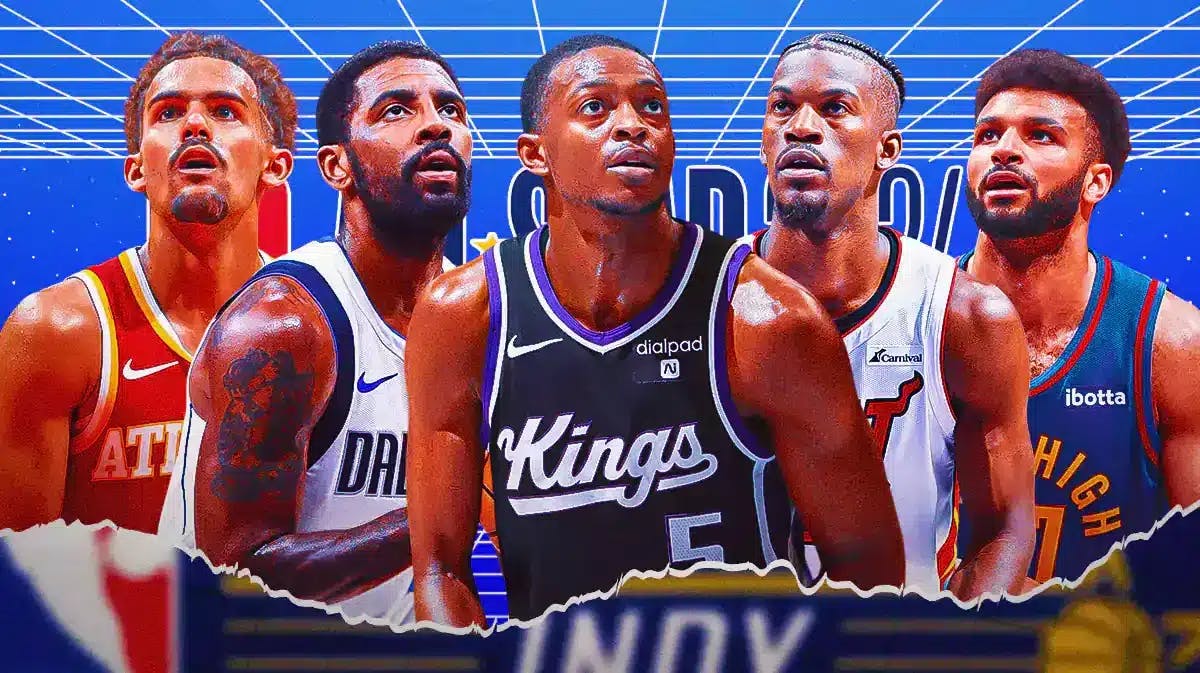 De'Aaron Fox, Kyrie Irving, Trae Young, Jimmy Butler, and Jamal Murray with NBA All-Star background