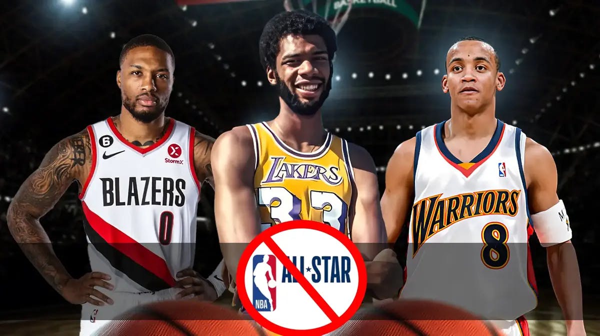 Kareem Abdul-Jabbar (Lakers), Damian Lillard (Trail Blazers), Monta Ellis (Warriors) all together with All-Star logo in red no sign.