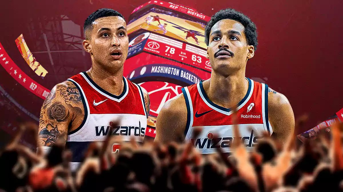 Kyle Kuzma and Jordan Poole with the Wizards arena in the background, NBA Trade Deadline