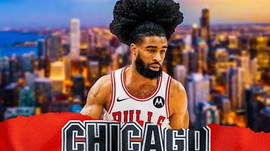 Bulls, Coby White, Billy Donovan, Coby White stats, Coby White Bulls, Coby White in Bulls uni with Chicago skyline in the background