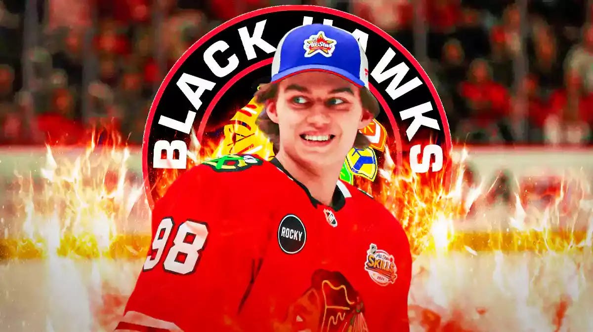 Connor Bedard in middle of image looking happy with fire around him, CHI Blackhawks logo, hockey rink in background