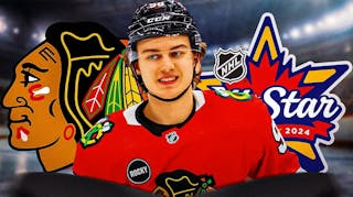 Connor Bedard in middle of image looking happy, CHI Blackhawks logo on one side and 2024 NHL All-Star logo on other side, hockey rink in background