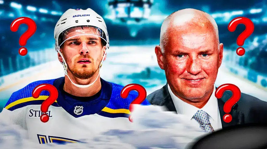 Pavel Buchnevich on one side of image looking stern, Doug Armstrong on other side, ST. Louis Blues logo, 3-5 question marks, hockey rink in background