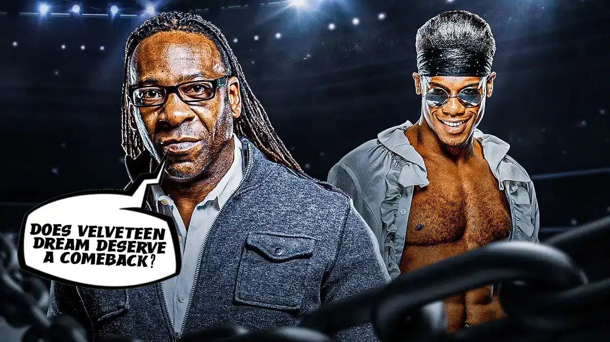 Booker T with a text bubble reading “Does Velveteen Dream deserve a comeback?” next to Velveteen Dream inside of a wrestling ring.