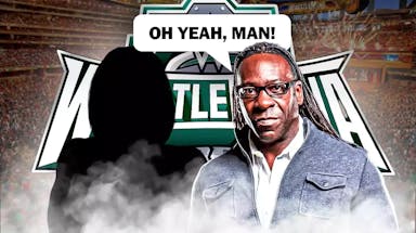 Booker T with a text bubble reading “Oh yeah, man!” next to the blacked-out silhouette of Jade Cargill with the WrestleMania 40 logo as the background.