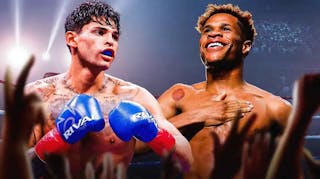 Ryan Garcia and Devin Haney in front of a boxing ring