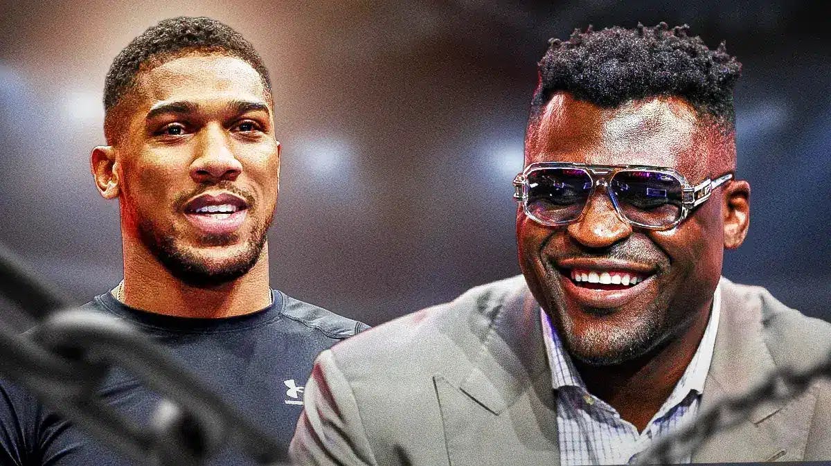 Francis Ngannou laughing next to Anthony Joshua, a boxing ring behind them