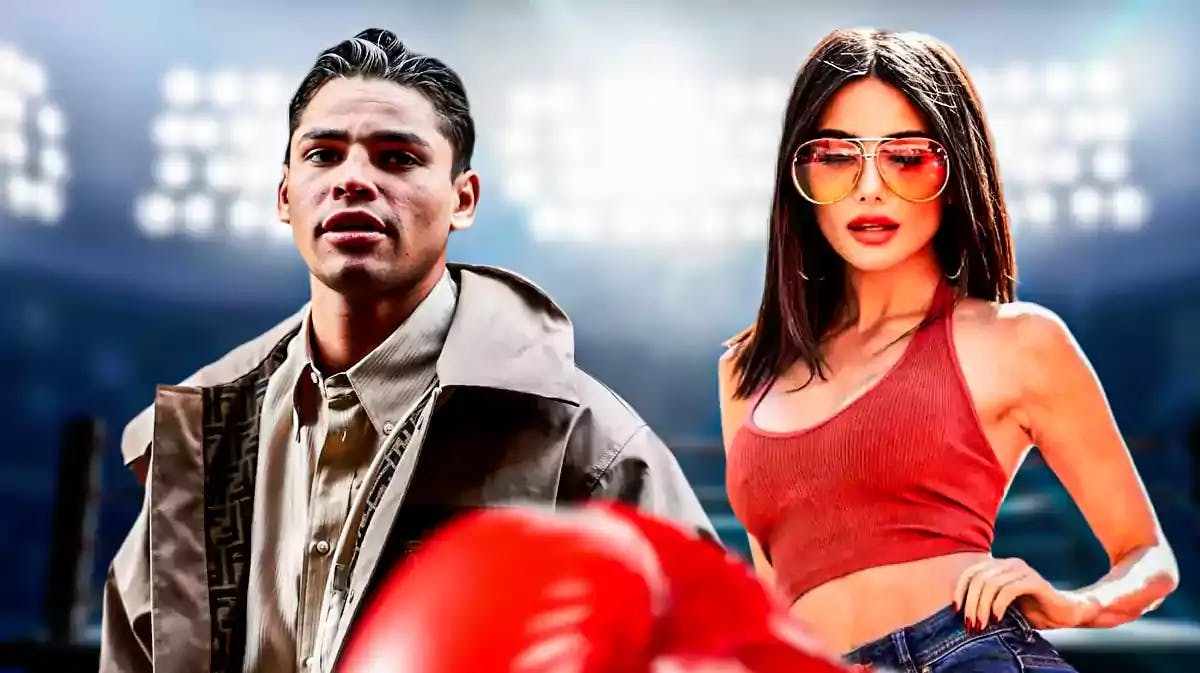 Ryan Garcia and Mikaela Testa in front of a boxing ring