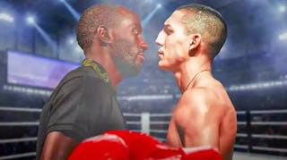Teofimo Lopez and Terence Crawford facing off each other in a boxing ring