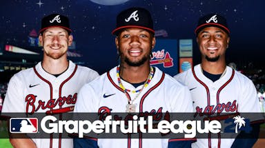 Ronald Acuna Jr., Sean Murphy, Ozzie Albies all together with Braves logo in background and Grapefruit League logo in front.