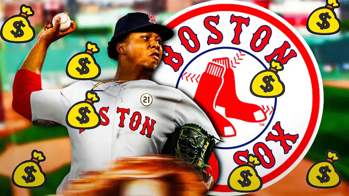 Brayan Bello throwing a pitch next to the Red Sox logo and moneybags at Fenway Park