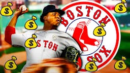 Brayan Bello throwing a pitch next to the Red Sox logo and moneybags at Fenway Park