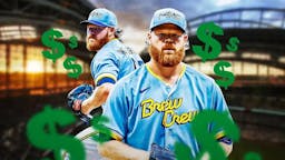 Brewers' Brandon Woodruff, American Family Field behind him, dollar signs next to him