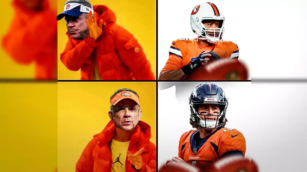 Sean Payton in the Drake saying no meme, with Russell Wilson on the top panel and Jarrett Stidham on the bottom panel