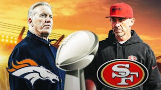 John Elway (not in a football uniform) on one side of the graphic and Kyle Shanahan on the opposite side of the graphic. Between them have the Lombardi trophy. Perhaps add small snippets of the Broncos and 49ers logos below each guy.