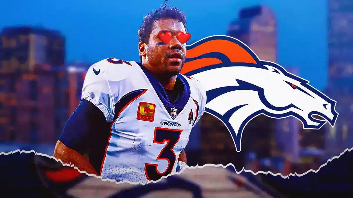 Russell Wilson with heart eyes looking at the Broncos logo. Denver skyline as the background.