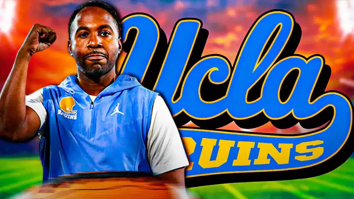 Martin Jarmon stands in front of UCLA football logo after DeShaun Watson hire, Chip Kelly's Ohio State football leave mentioned in the background