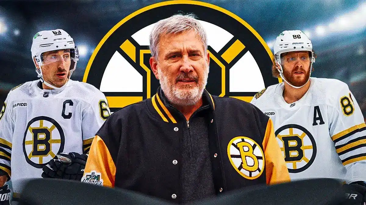 Cam Neely in middle of image looking stern, David Pastrnak and Brad Marchand on either side, BOS Bruins logo, 3-5 question marks, hockey rink in background