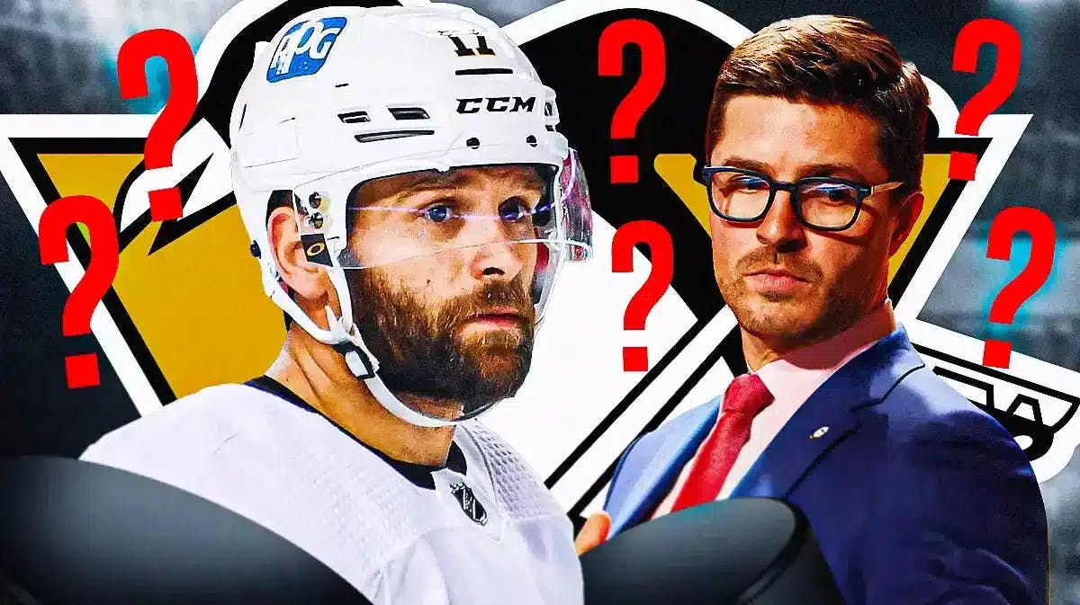 Bryan Rust in image looking stern with first aid kit, Kyle Dubas looking stern, 3-5 question marks, PIT Penguins logo, hockey rink in background