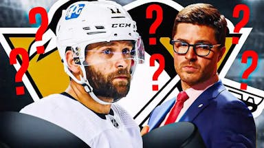 Bryan Rust in image looking stern with first aid kit, Kyle Dubas looking stern, 3-5 question marks, PIT Penguins logo, hockey rink in background