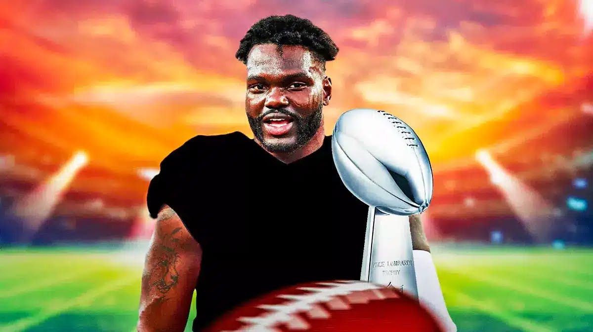 Shaq Barrett wearing a blank uniform, with a picture of him holding the Lombardi Trophy with the Buccaneers in 2021
