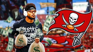 Antoine Winfield Jr next to a Buccaneers logo and money. Background is Raymond James Stadium