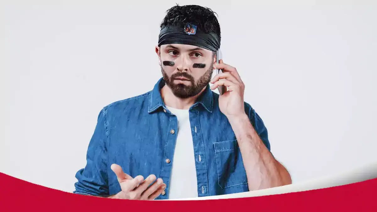 Buccaneers quarterback Baker Mayfield on the phone