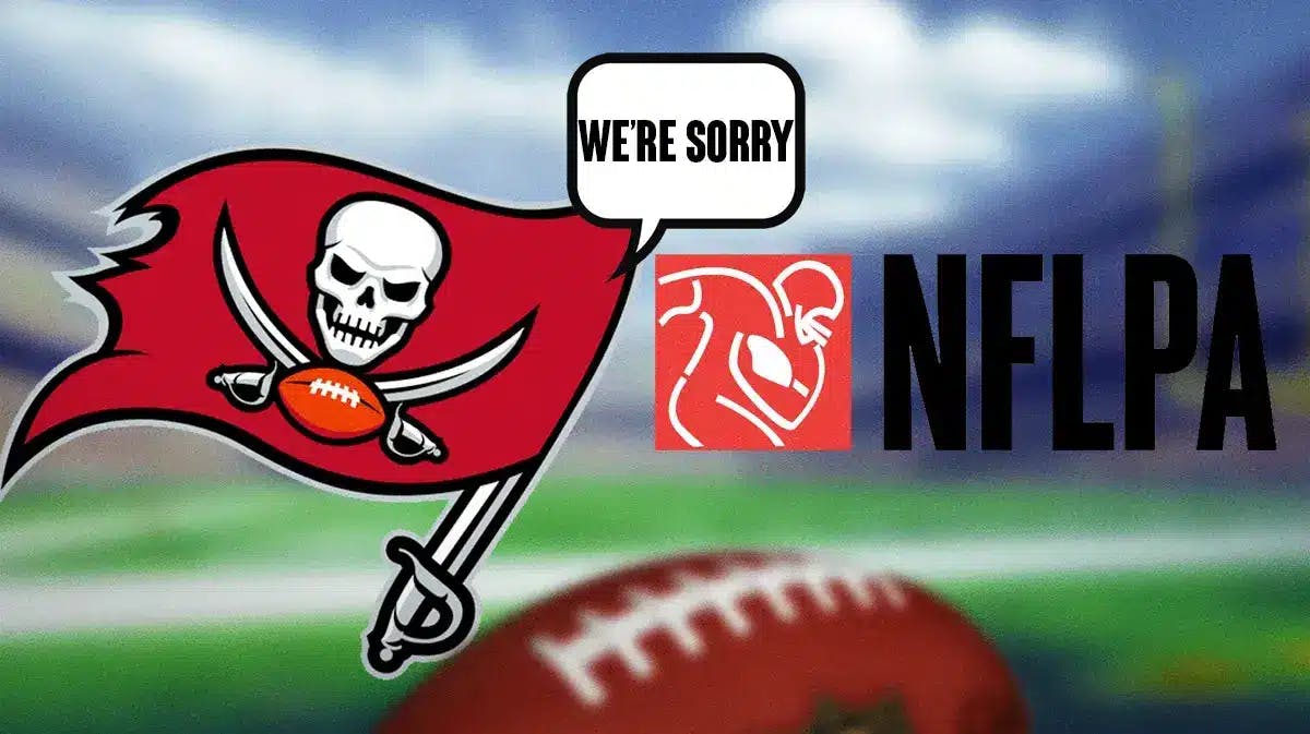 Tampa Bay Buccaneers logo with a speech bubble (from the logo) “We’re sorry” next to NFLPA report card logo