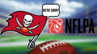 Tampa Bay Buccaneers logo with a speech bubble (from the logo) “We’re sorry” next to NFLPA report card logo