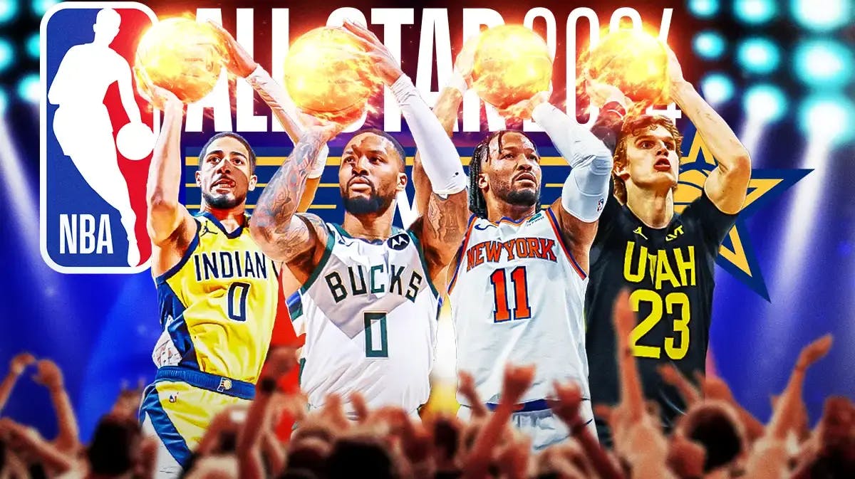 Bucks' Damian Lillard, Knicks' Jalen Brunson, Pacers' Tyrese Haliburton, and Jazz’s Lauri Markkanen all in shooting motions, while shooting fireballs, 2024 All-Star Weekend logo in the background
