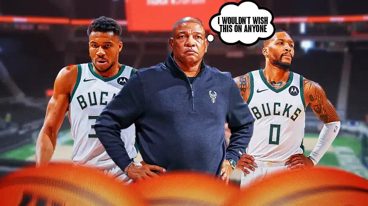 ucks' Doc Rivers, Giannis Antetokounmpo, and Damian Lillard all looking sad, with a thought bubble containing Rivers' viral quote
