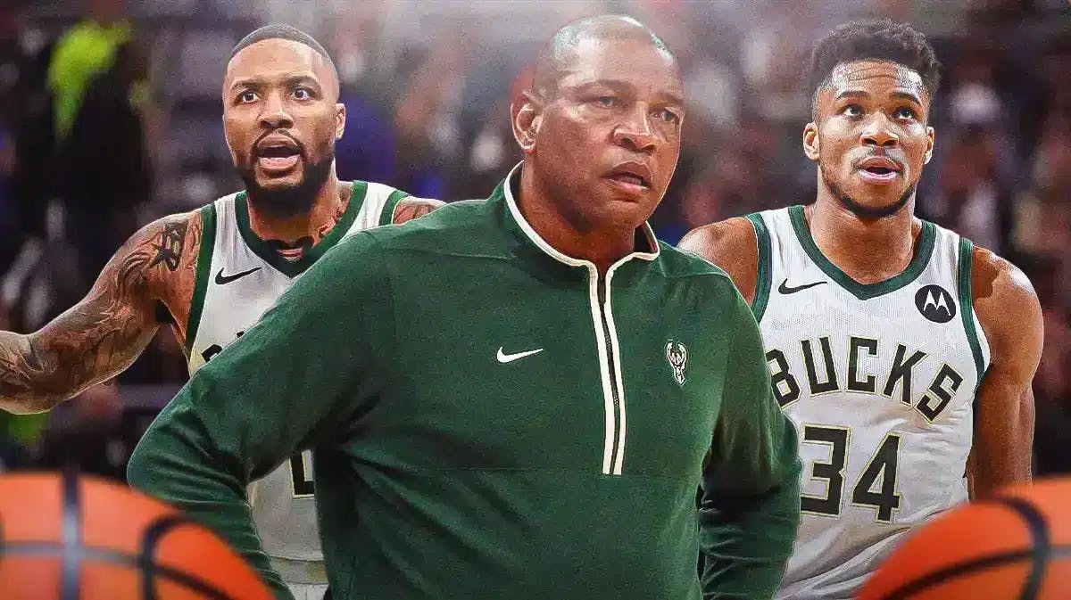 Doc Rivers, Giannis Antetokounmpo, and Damian Lillard with a bunch of question marks around them. NBA trade deadline