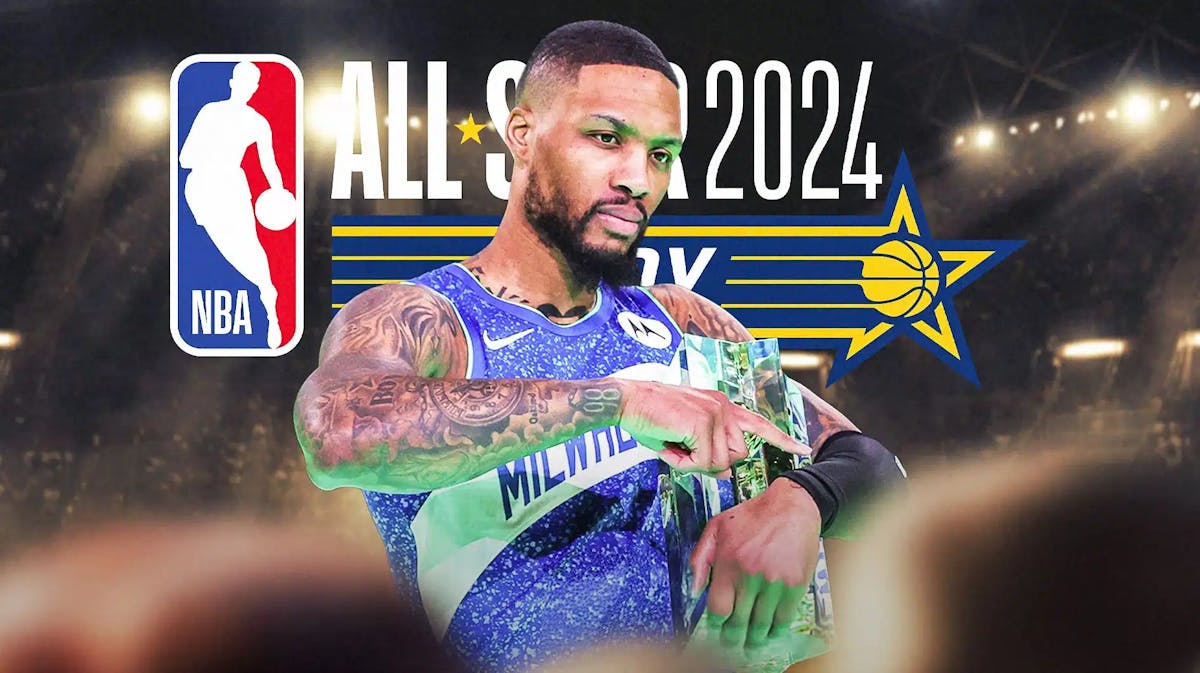 Damian Lillard with the 2024 NBA All-Star logo in the background, Bucks
