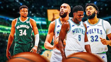 Bucks' Giannis Antetokounmpo and Timberwolves' Rudy Gobert, Anthony Edwards and Karl-Anthony Towns