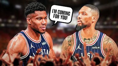 Giannis Antetokounmpo on one side with a speech bubble that says “I’m coming for you!” Damian Lillard on the other side