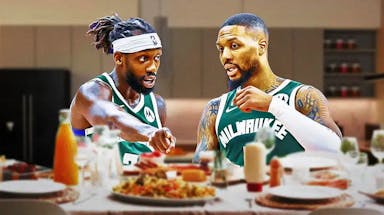 Patrick Beverley and Damian Lillard eating dinner together
