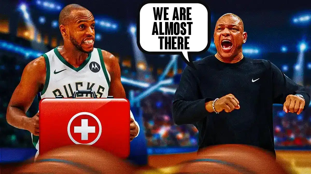 Bucks' Doc Rivers saying "We are almost there" next to Khris Middleton with injury box