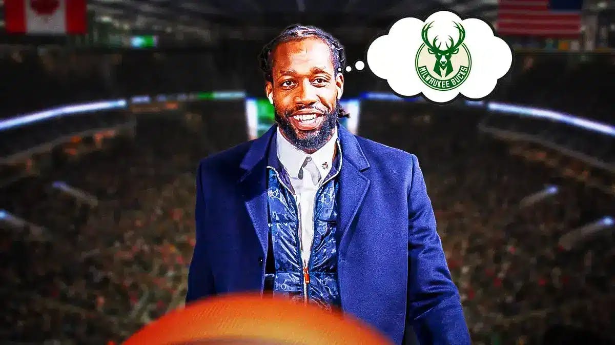 Patrick Beverley in normal clothes in front. Have him smiling. Give him a thought bubble, in the bubble place the Milwaukee Bucks' logo.